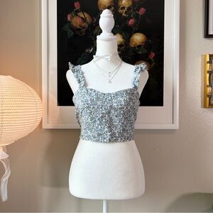 American Eagle blue & white floral ruffle crop top s
